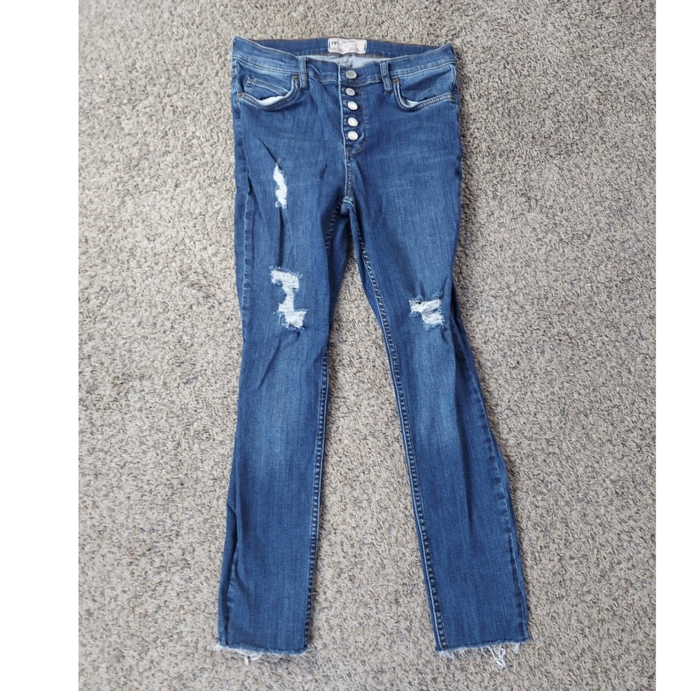 Free People Jeans Womens 29 Blue High Rise Skinny Distressed Button Fly Raw Hem